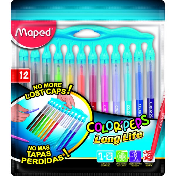 Vezelpennenset - Maped - Color'Peps "Long life" 12 wasbare pennen met innovatieve doppen